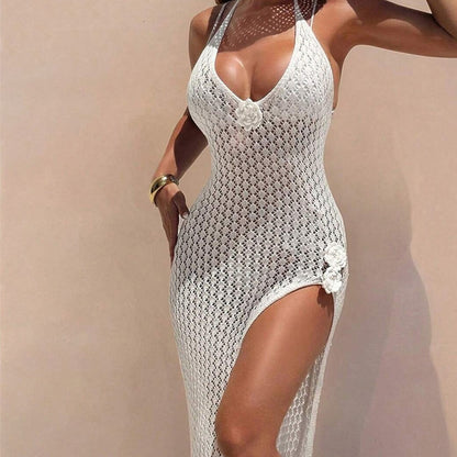 Solid-color Sexy Knitted Crochet Cover-up Bikini Swimwear Beach Dress for Women