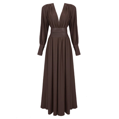 French-Style Pleated Dress with V-Neck Long Sleeves