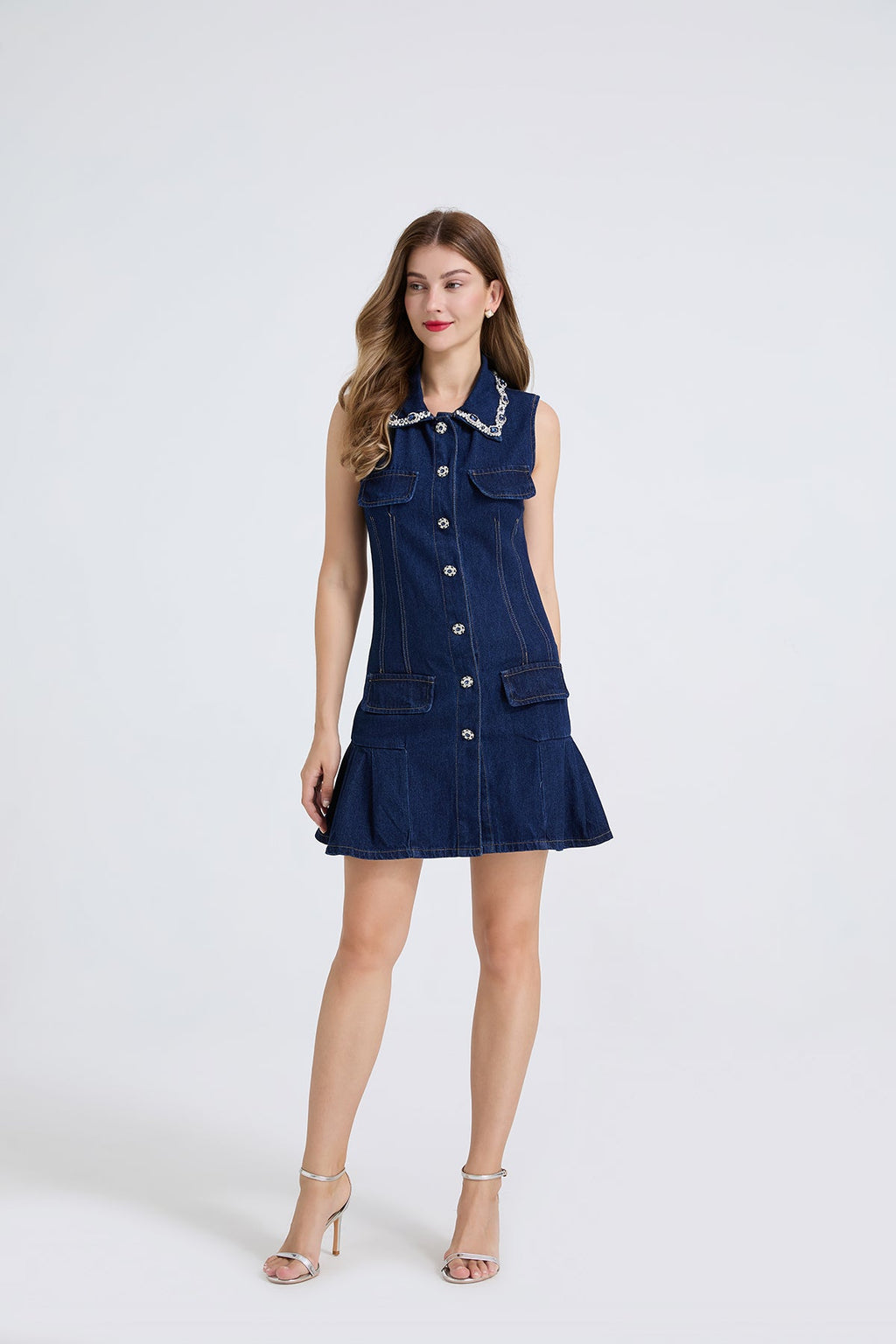 Women Diamond Studded Cinched Waist Pleated Denim Vest Dress Pure Cotton Figure Hugging Dress