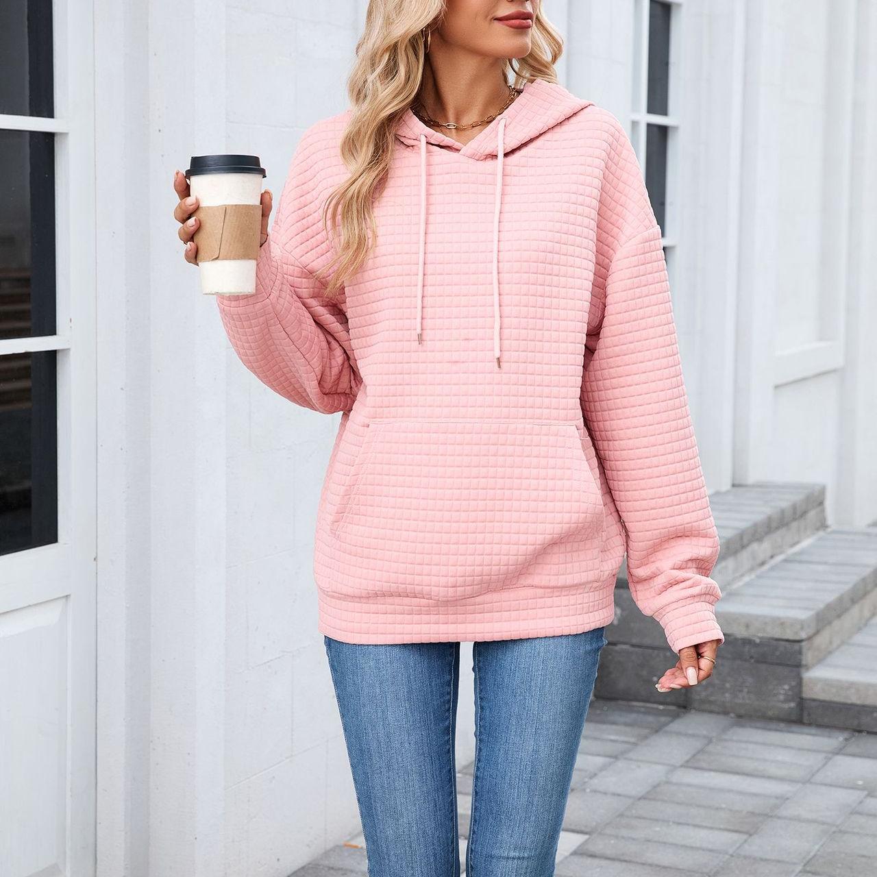 Herbst Winter Einfarbig Kapuzenpullover mit Tasche Lockere Langarm Sweatshirt Jacke für Damen