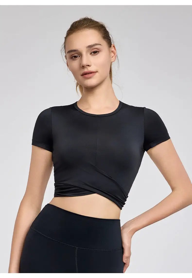 Cross Pleated Yoga T shirt Top Slim Fit Slimming Sports Short Sleeve Fitness Running Skipping Rope Sports Short Sleeve by Wanita Store