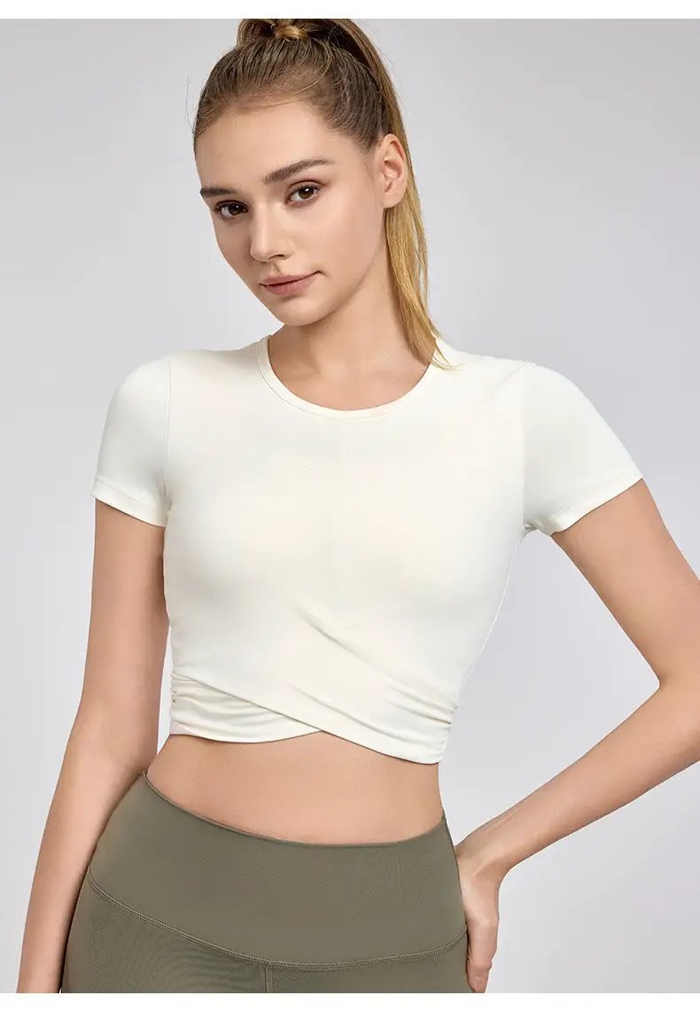 Cross Pleated Yoga T shirt Top Slim Fit Slimming Sports Short Sleeve Fitness Running Skipping Rope Sports Short Sleeve by Wanita Store