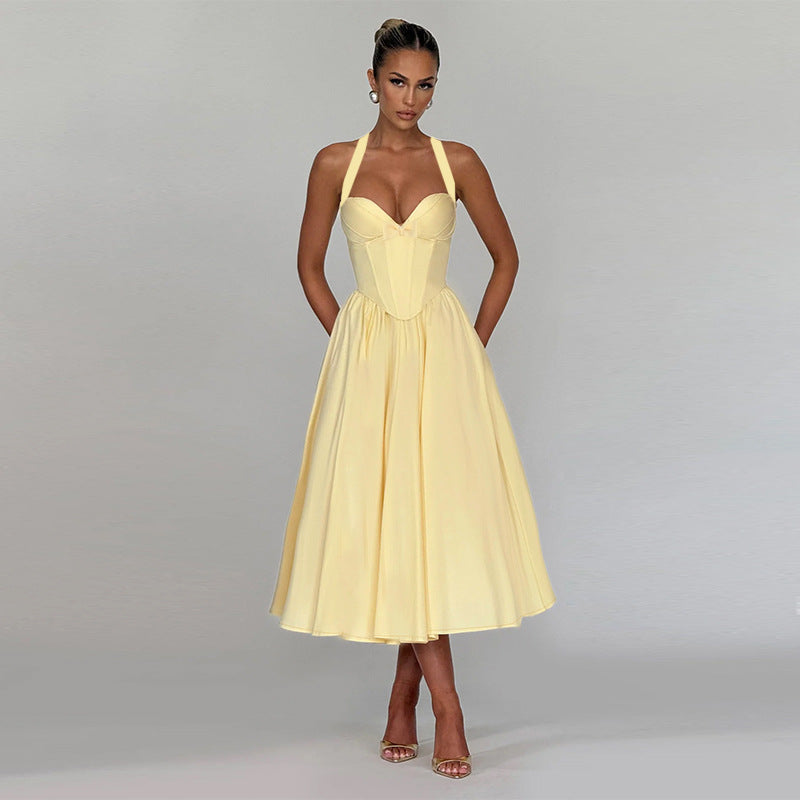 Halter Neck Kleid mit Schleife an der Taille, schmaler Brustpartie und A-Linie, für Damen, Abendkleid, Maxi