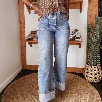 Damen Freizeit Ausgebleicht Elastischer Mittelhoher Bund Gerade Jeans