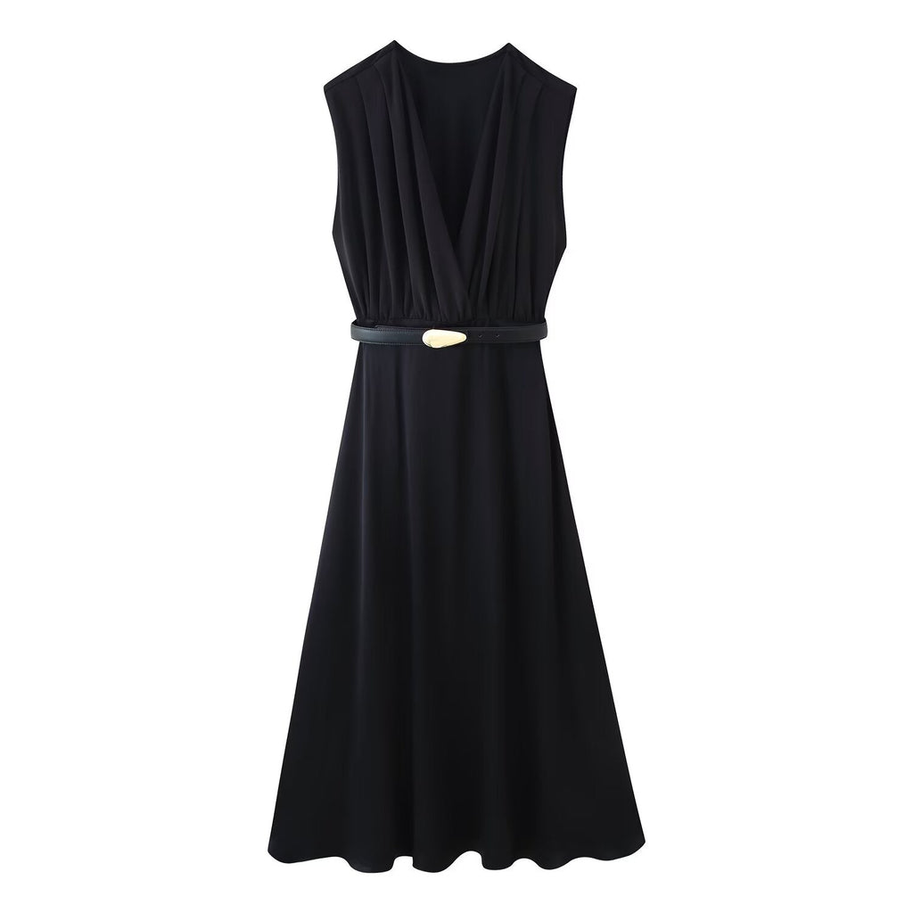Damen Sommer Freizeit figurbetontes Kleid, einfarbig, V-Ausschnitt mit Gürtel und Nahtdetails, Midi-Länge