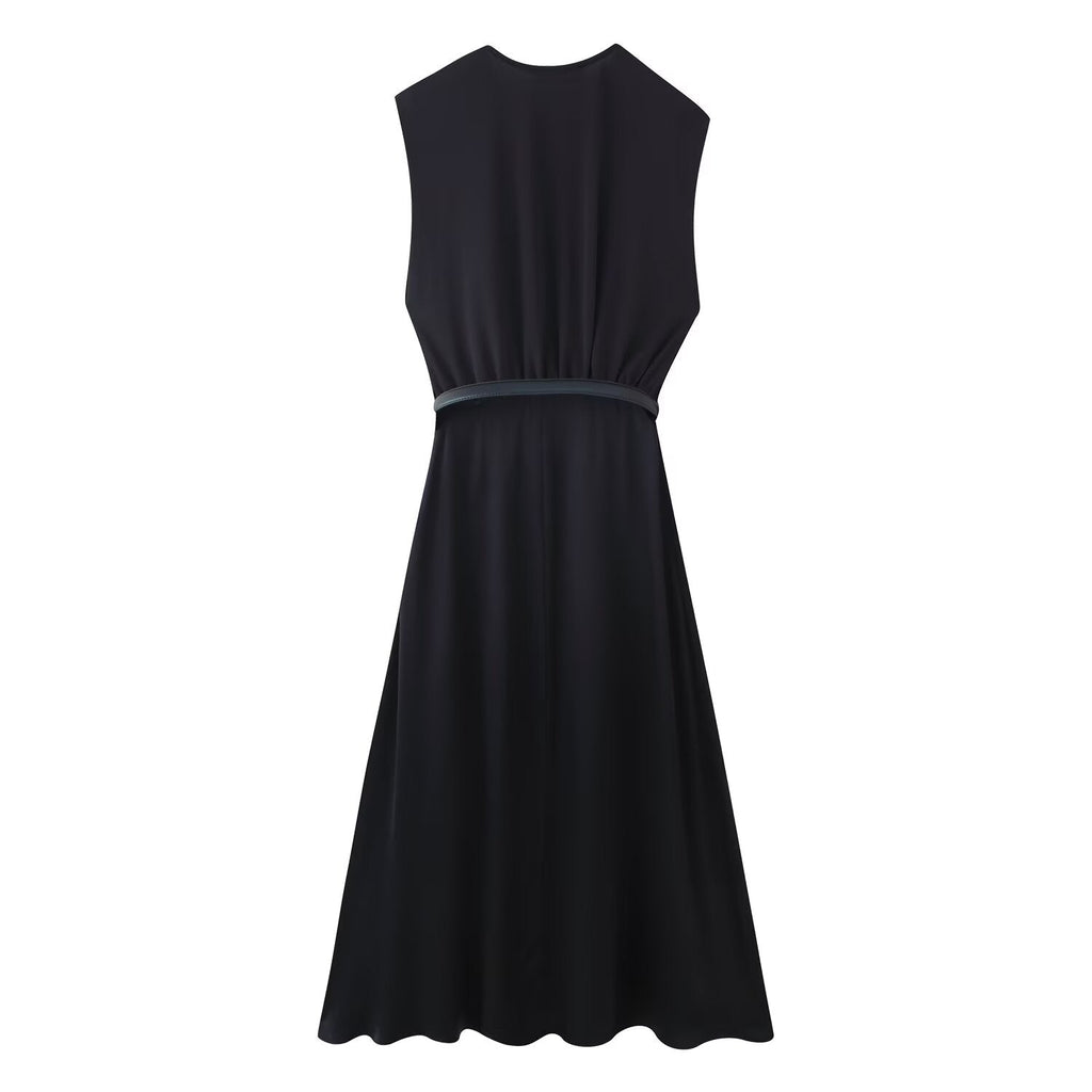 Damen Sommer Freizeit figurbetontes Kleid, einfarbig, V-Ausschnitt mit Gürtel und Nahtdetails, Midi-Länge