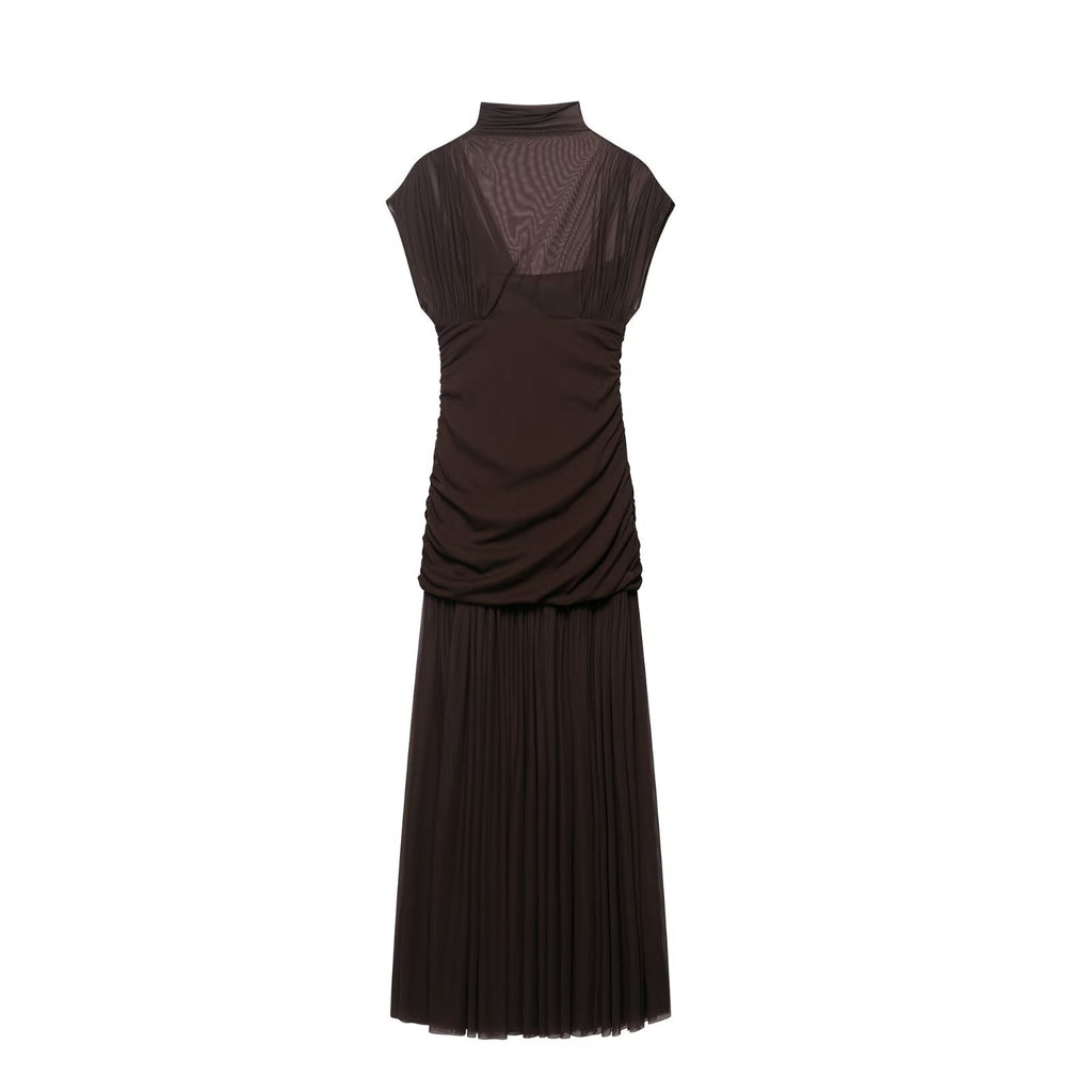 Herbst Damen Sexy Halbrollkragen Eng Anliegendes Seidennetz-Stitching-Kleid