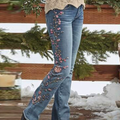 Autumn Winter Women Retro High Waist Thickened Jeans Micro Elastic Slim Fit Embroidery Bootcut Pants