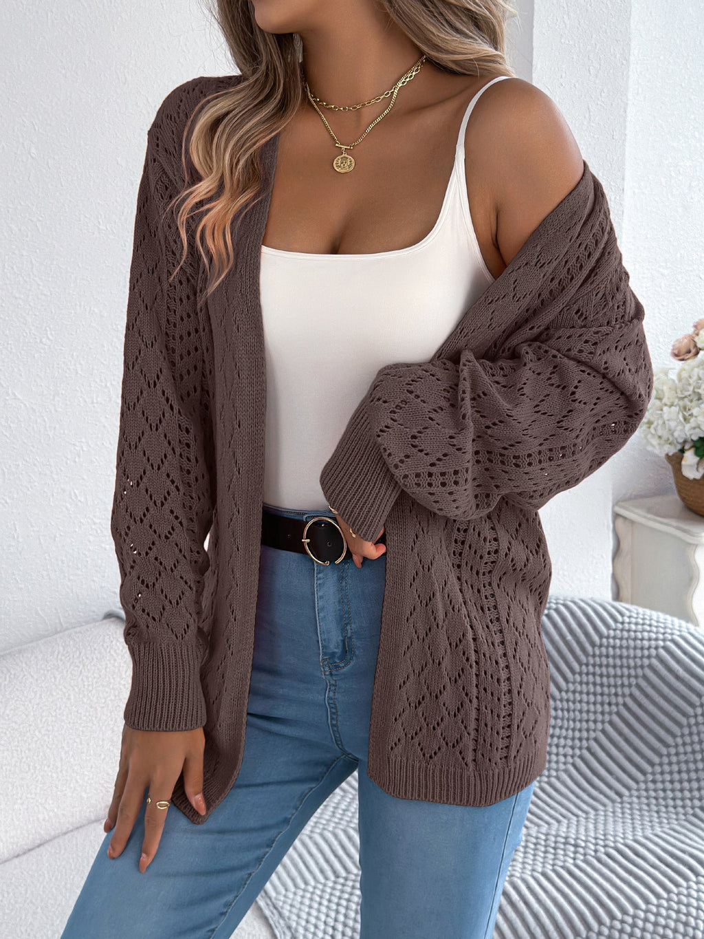 Herbst Winter Aushöhlen Ausschnitt Laterne Langarm Cardigan Pullover Mittellanger Mantel Damenbekleidung