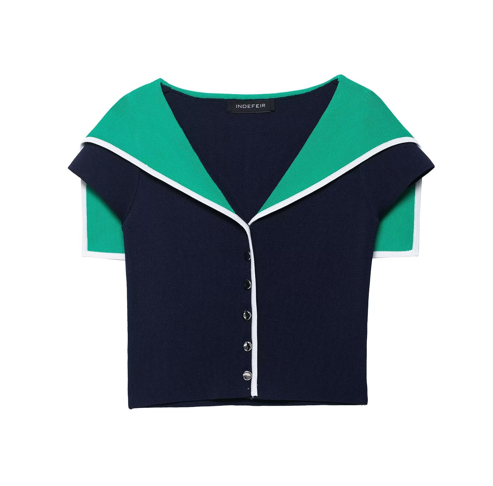Colorblock Kurzarm-Stricktop mit Kragen und schmaler Passform