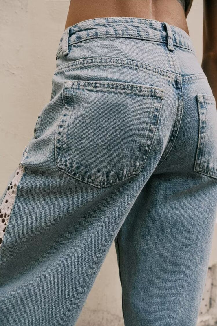 Damenbekleidung Frühling Herbst Häkelnaht Hohe Taille Weite Jeans
