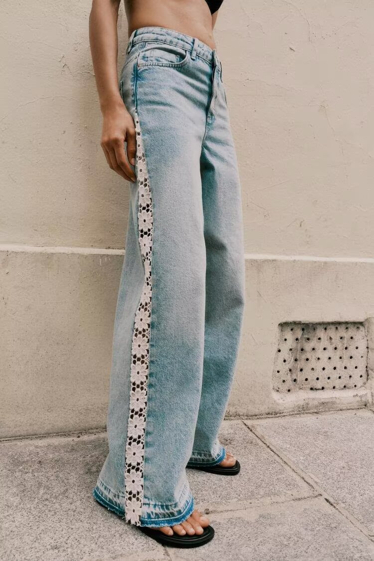 Damenbekleidung Frühling Herbst Häkelnaht Hohe Taille Weite Jeans