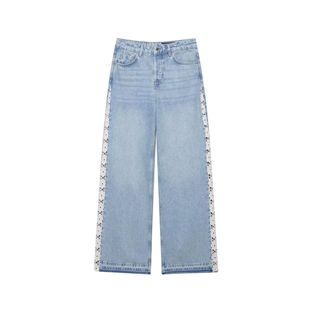 Damenbekleidung Frühling Herbst Häkelnaht Hohe Taille Weite Jeans