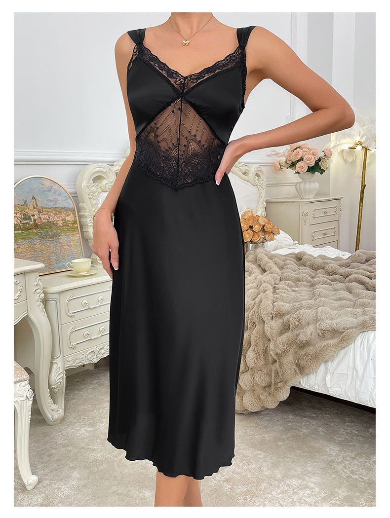 Sexy Pyjama Damen Träger-Nachthemd Satin Reine Spitze Französisches High-Sense-Hauskleid