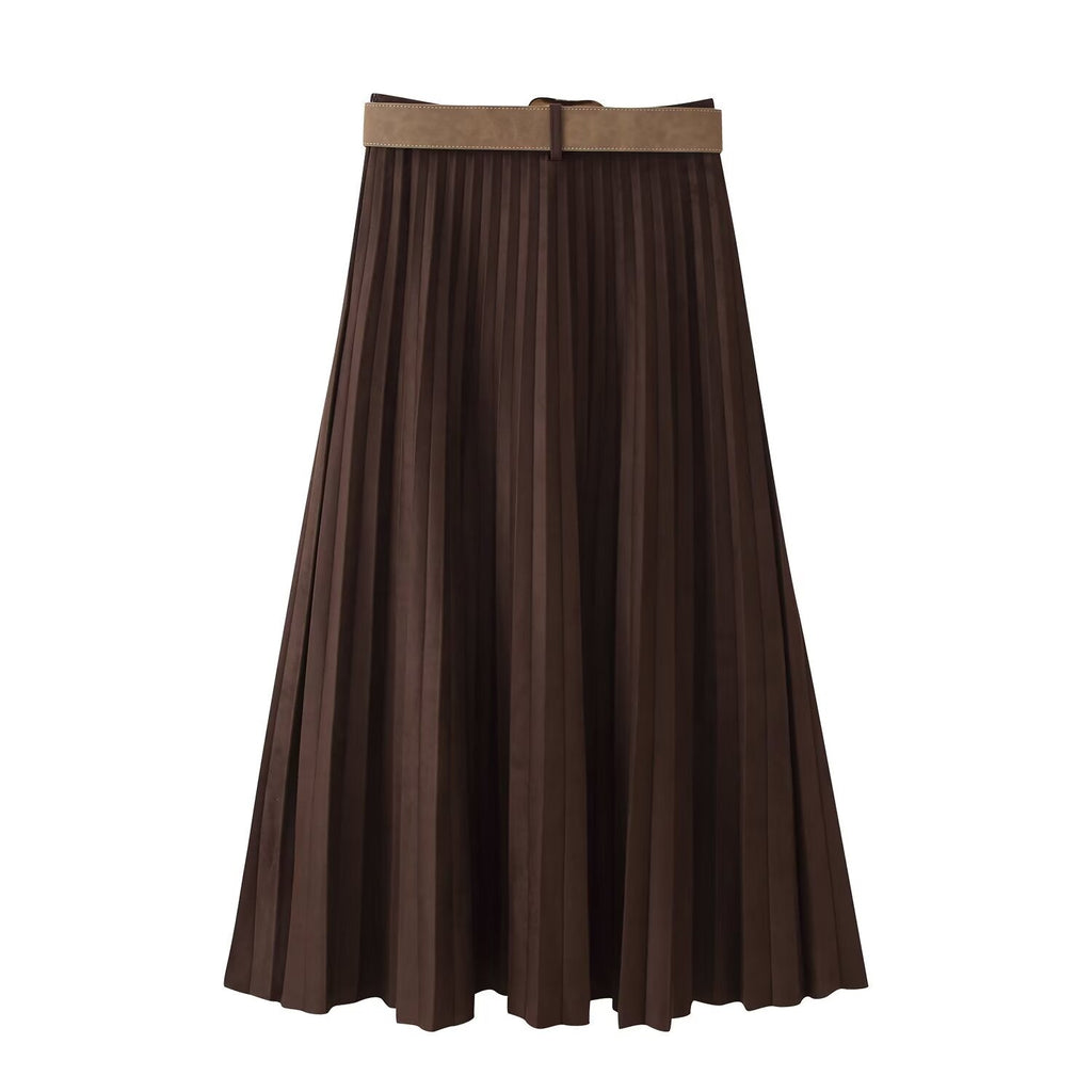 Women Clothing with Belt Suede Effect Pleated Midi Skirt