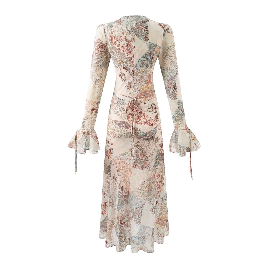 Damen Langarm V-Ausschnitt Bedrucktes Kleid für den Sommer