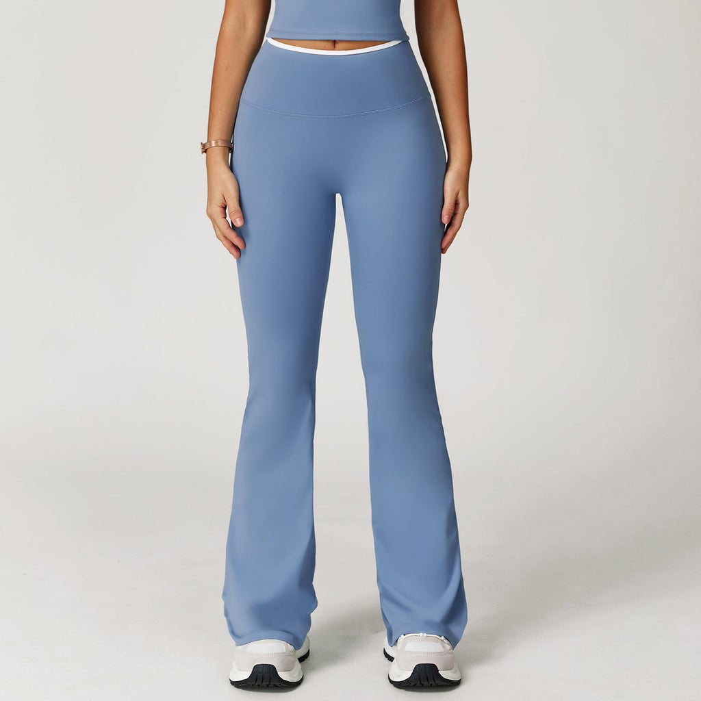 Nude Feel Sport-Schlaghose mit Kontrastfarbe, hoher Taille, schnelltrocknend, weitem Bein, Sport-Lauf-Fitness-Bootcut-Hose