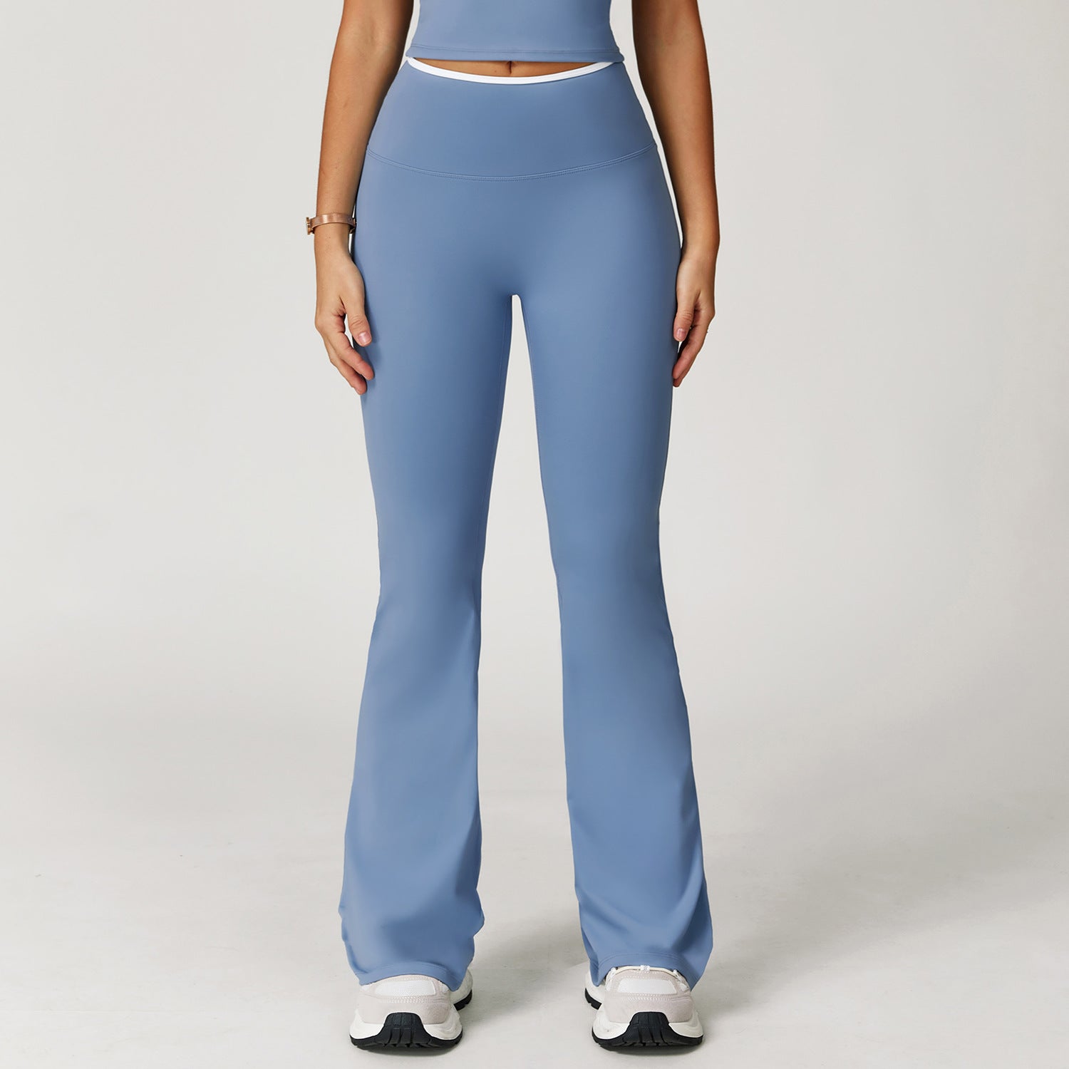 Nude Feel Sport-Schlaghose mit Kontrastfarbe, hoher Taille, schnelltrocknend, weitem Bein, Sport-Lauf-Fitness-Bootcut-Hose