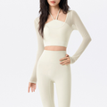 Mesh Yarn False Two Pieces Yoga Clothes Long Sleeve Women with Chest Pad Slim Fit Slimming Halter Short Sports Fitness Top