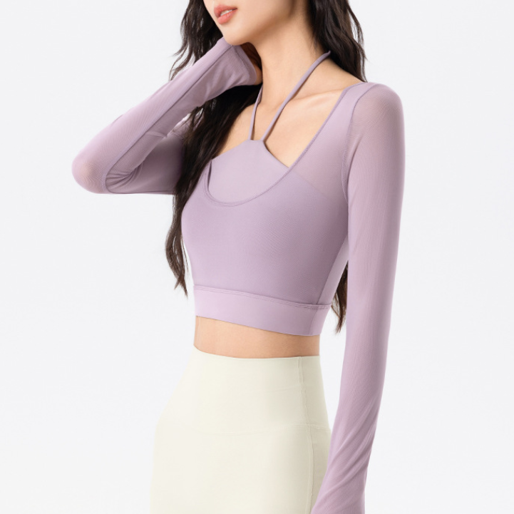 Meshgarn False Two Pieces Yoga Kleidung Langarm Damen mit Brustpolster Slim Fit Schlankheits-Neckholder Kurzes Sport-Fitness-Top