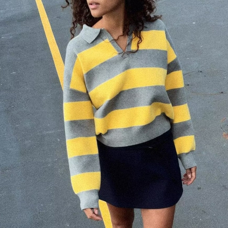 Herbst Damenbekleidung Gestreifter Pullover mit Polokragen