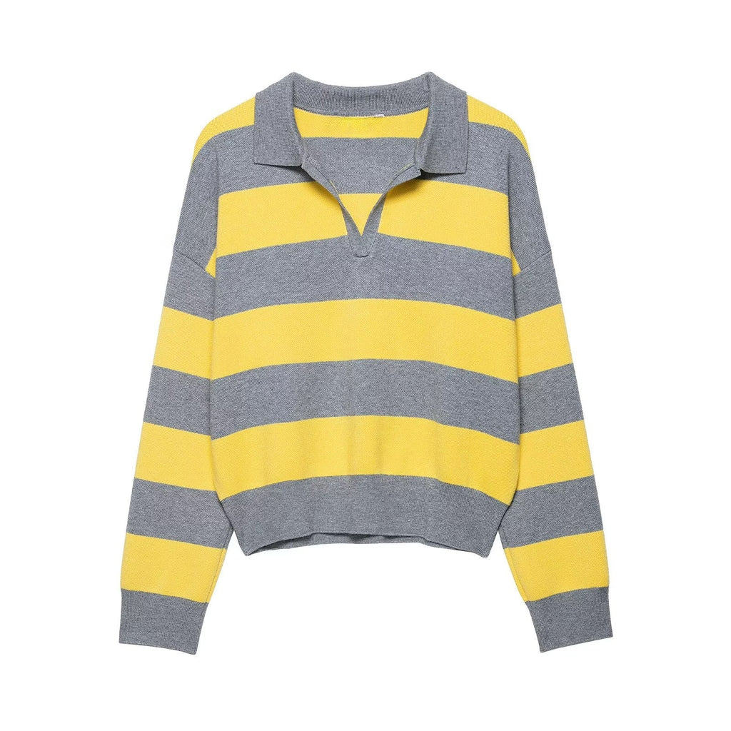Herbst Damenbekleidung Gestreifter Pullover mit Polokragen