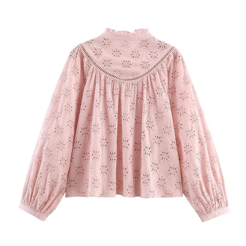 Women Clothing Casual Hollow Out Cutout Embroidered Shirt