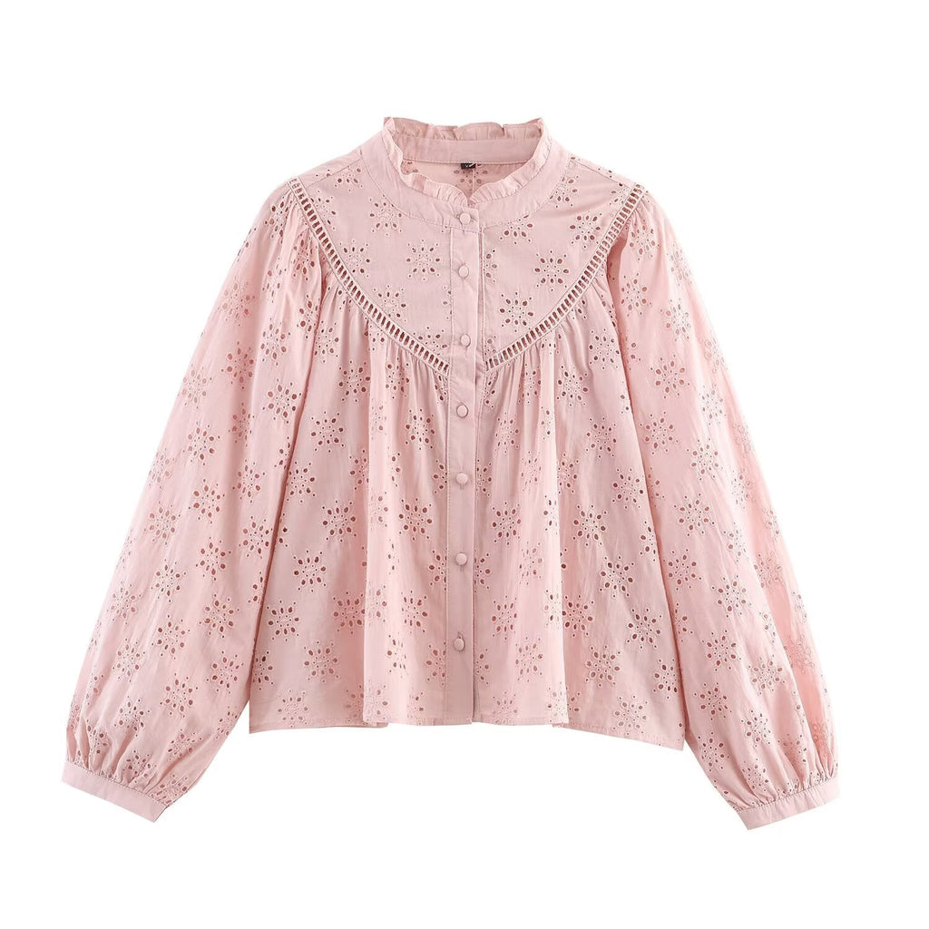 Women Clothing Casual Hollow Out Cutout Embroidered Shirt
