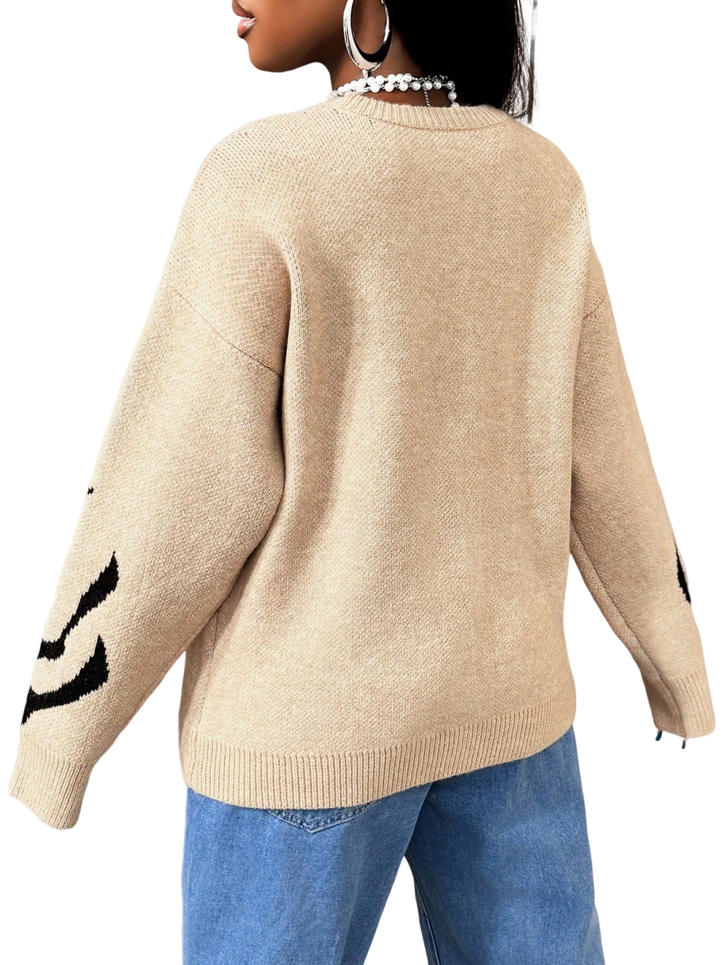 Damen hochelastischer, lockerer Langarm-Pullover mit Schriftzug und Strickmuster