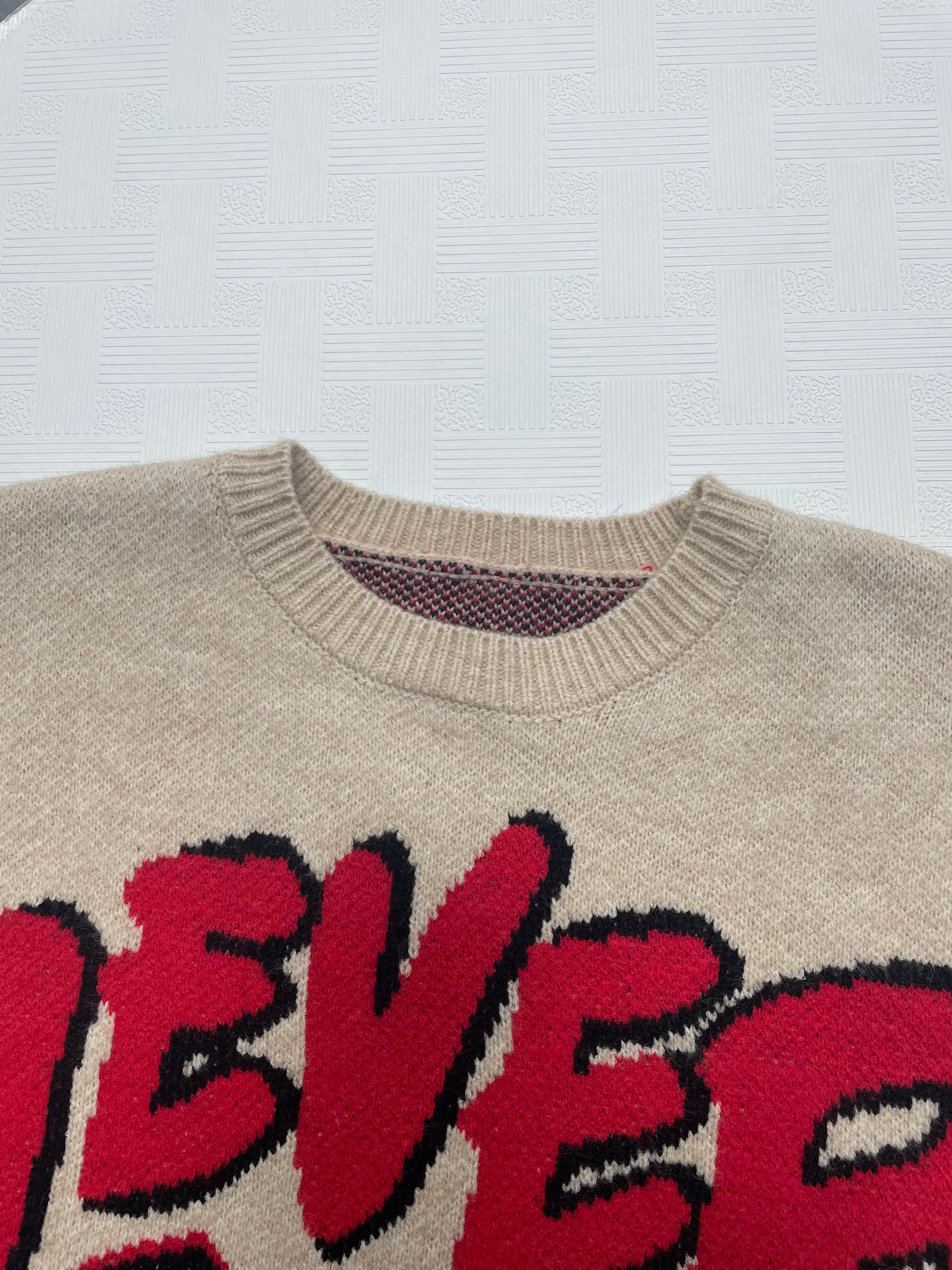 Damen hochelastischer, lockerer Langarm-Pullover mit Schriftzug und Strickmuster
