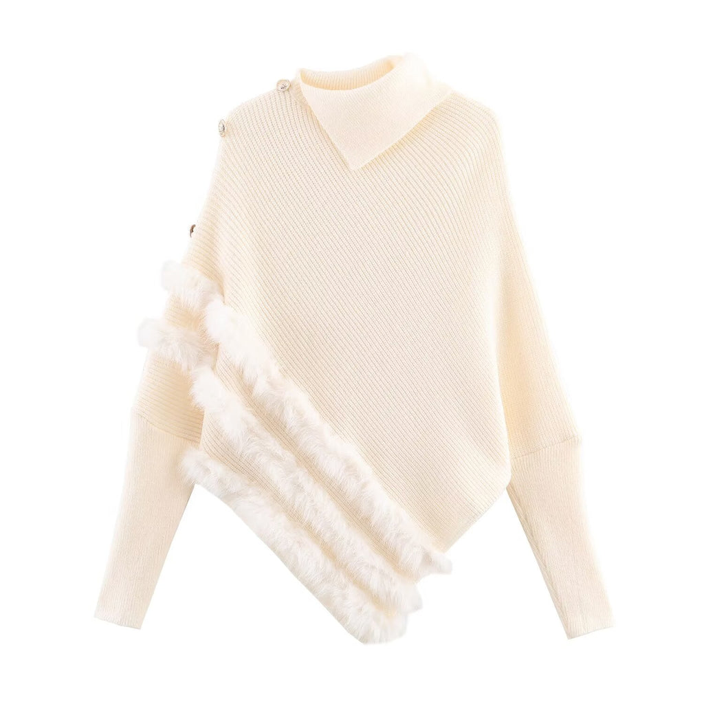 Unregelmäßiger asymmetrischer Rollkragenpullover Damen Winter Flauschiger Naht-Strickpullover Lockeres Oberteil