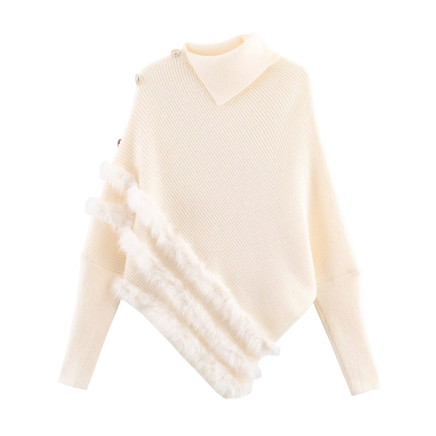 Unregelmäßiger asymmetrischer Rollkragenpullover Damen Winter Flauschiger Naht-Strickpullover Lockeres Oberteil