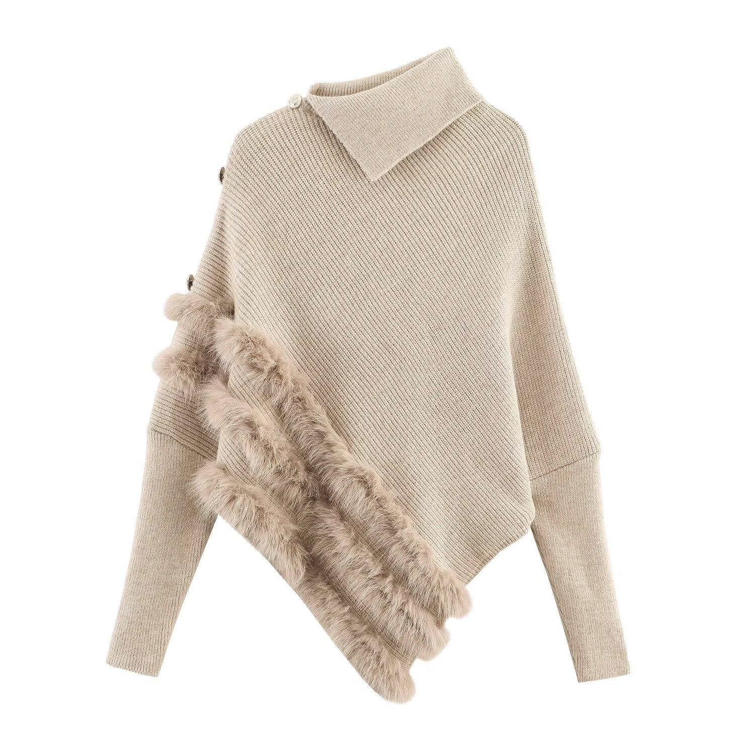 Unregelmäßiger asymmetrischer Rollkragenpullover Damen Winter Flauschiger Naht-Strickpullover Lockeres Oberteil