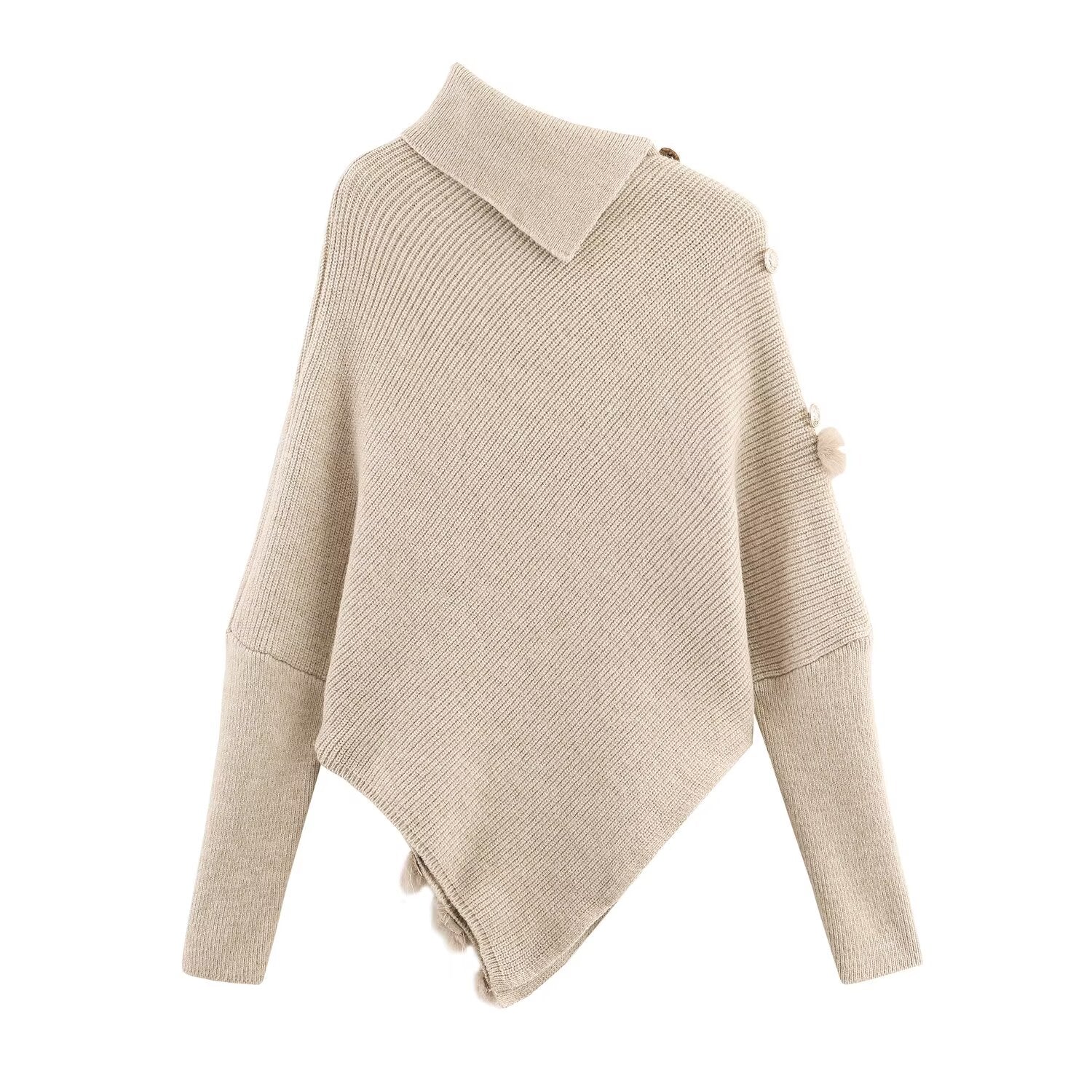 Unregelmäßiger asymmetrischer Rollkragenpullover Damen Winter Flauschiger Naht-Strickpullover Lockeres Oberteil