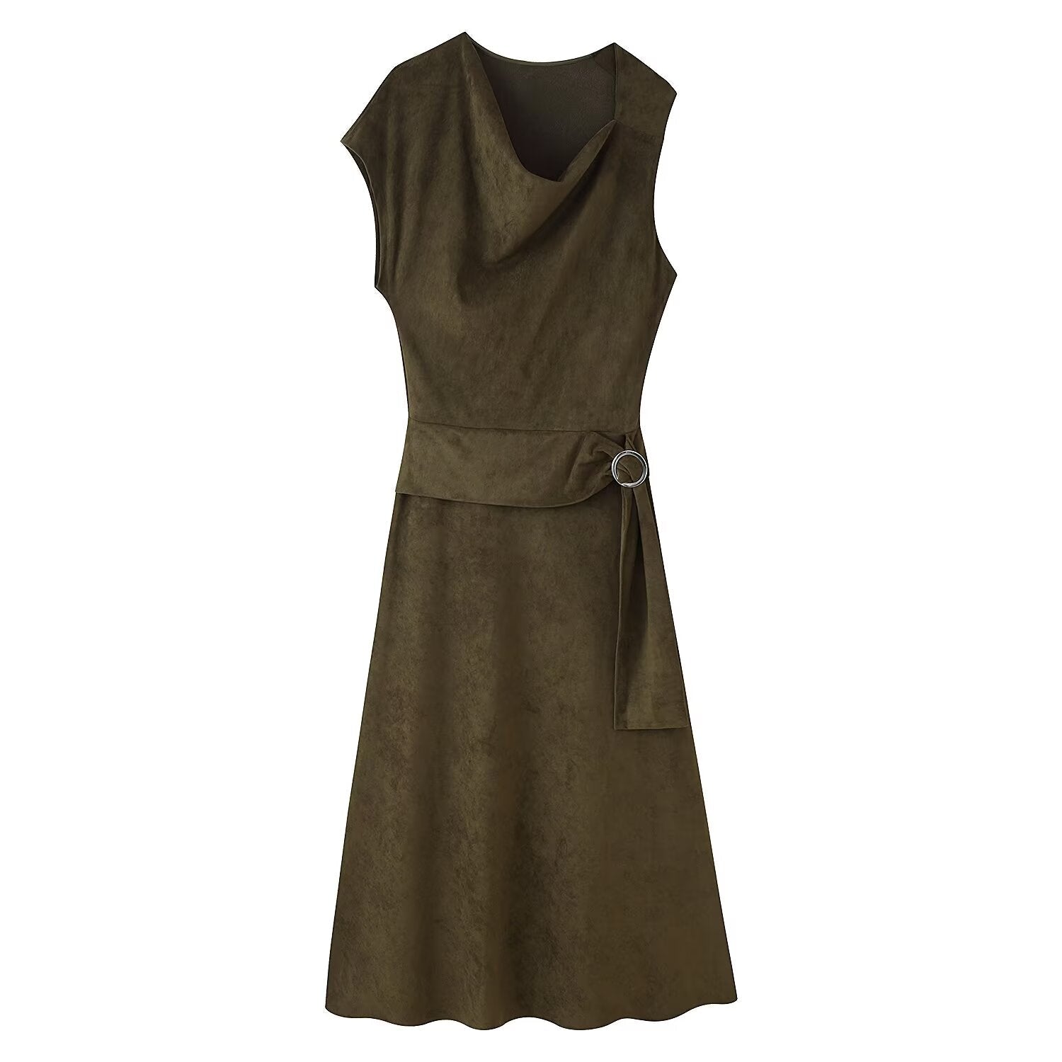 Frühherbst Damenbekleidung Französisches Wildleder Midilang Irreguläres Asymmetrisches Kleid