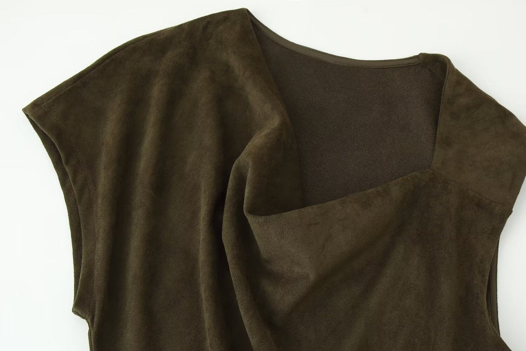Frühherbst Damenbekleidung Französisches Wildleder Midilang Irreguläres Asymmetrisches Kleid