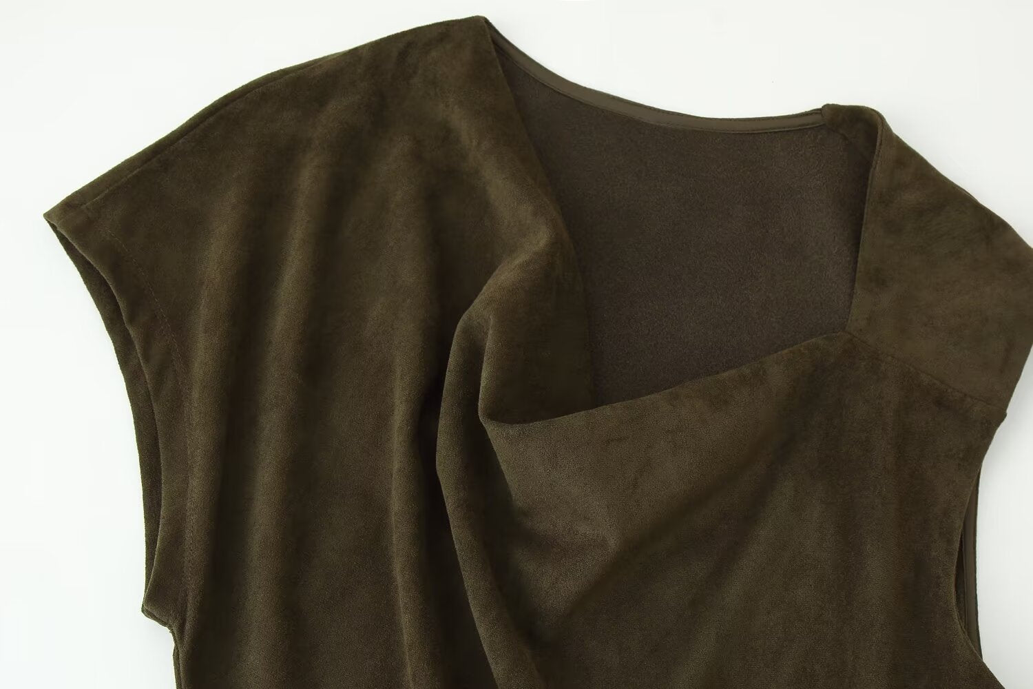 Frühherbst Damenbekleidung Französisches Wildleder Midilang Irreguläres Asymmetrisches Kleid