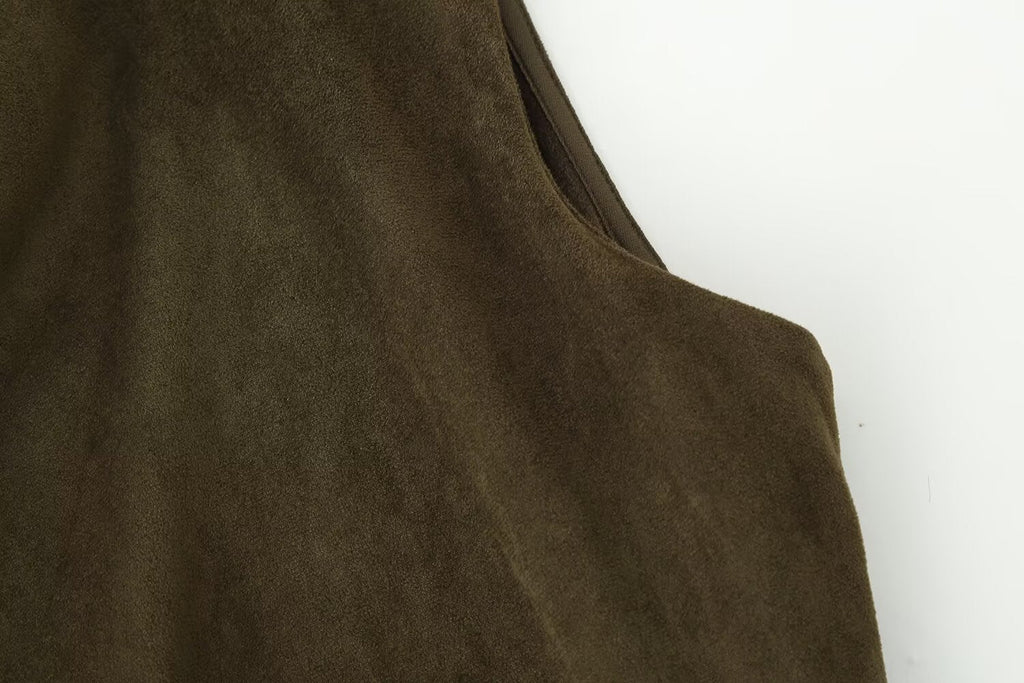 Frühherbst Damenbekleidung Französisches Wildleder Midilang Irreguläres Asymmetrisches Kleid
