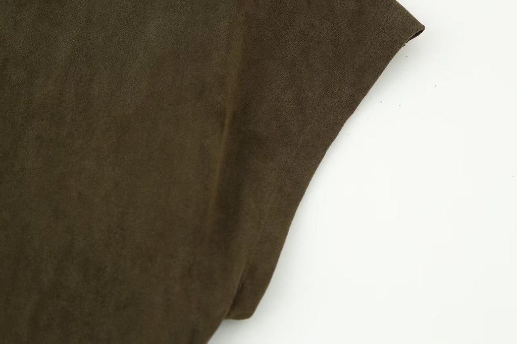 Frühherbst Damenbekleidung Französisches Wildleder Midilang Irreguläres Asymmetrisches Kleid
