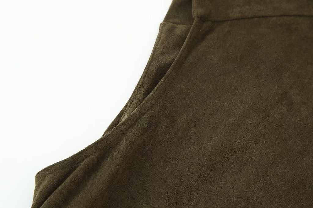 Frühherbst Damenbekleidung Französisches Wildleder Midilang Irreguläres Asymmetrisches Kleid