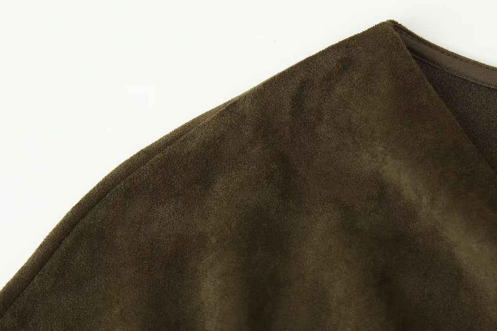 Frühherbst Damenbekleidung Französisches Wildleder Midilang Irreguläres Asymmetrisches Kleid