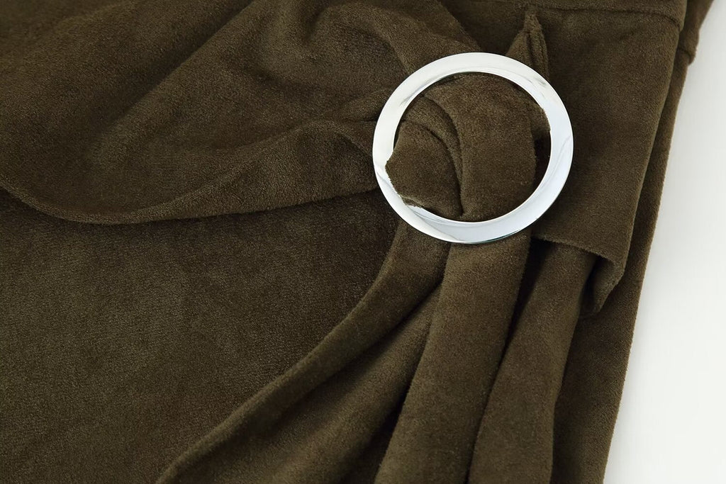 Frühherbst Damenbekleidung Französisches Wildleder Midilang Irreguläres Asymmetrisches Kleid