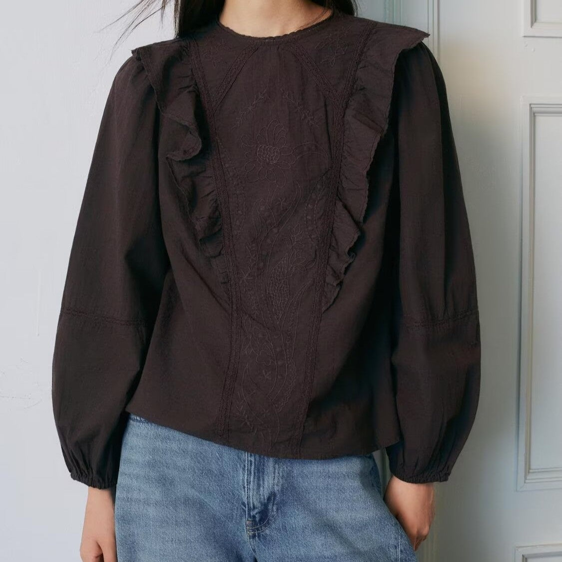 Women Clothing Solid Color Floral Embroidered Shirt