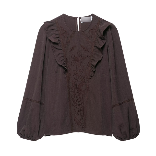 Women Clothing Solid Color Floral Embroidered Shirt