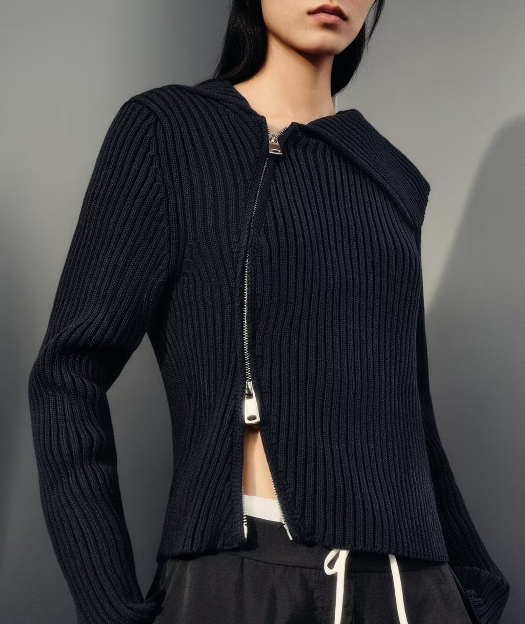 Elegante Damenbekleidung Reißverschluss-Rippstrickmantel