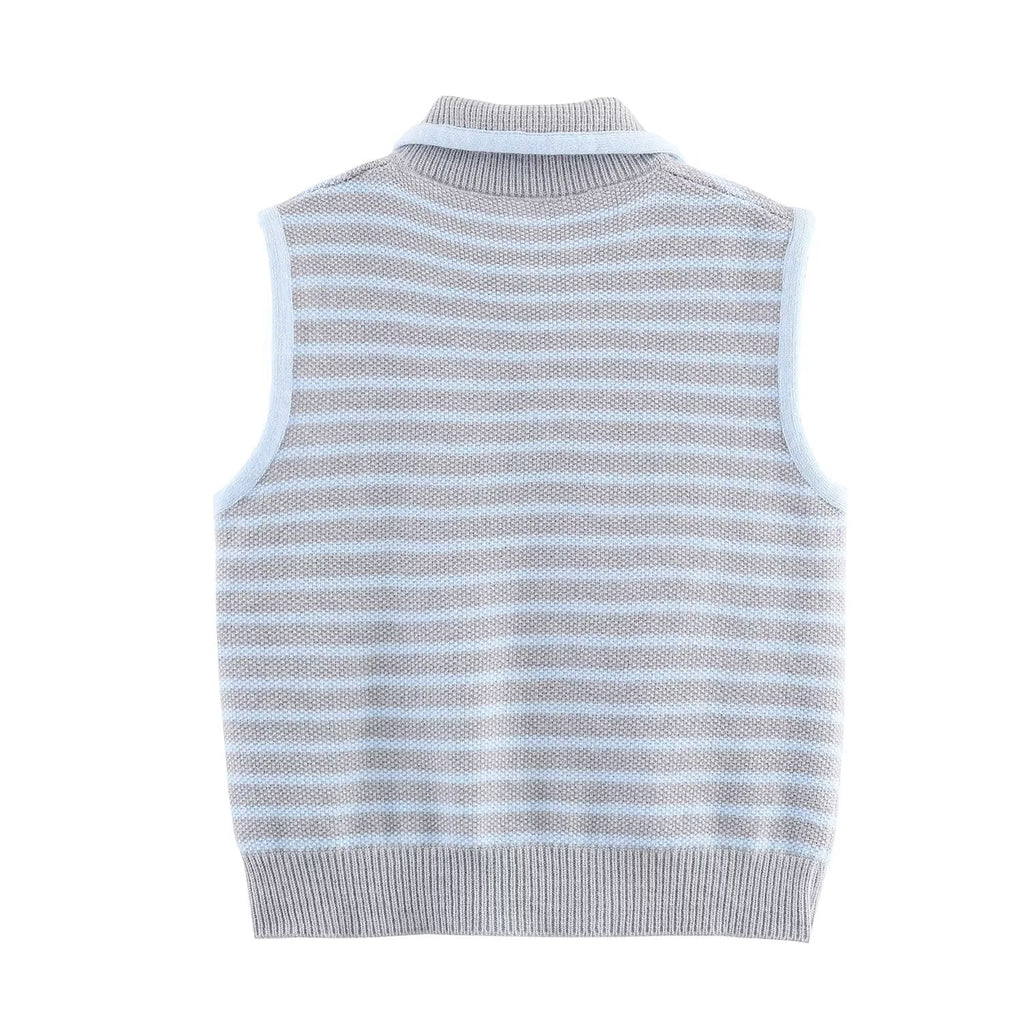 Women Clothing Fall Fresh Age Reducing Stripe Decoration Collared Short Vest