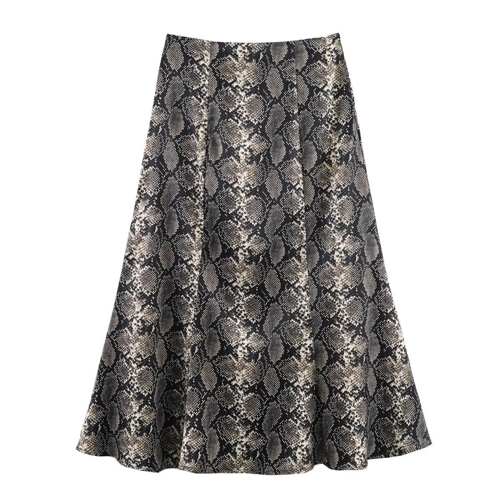 Women Clothing Autumn Holiday Printed Silk Satin Midi Skirt