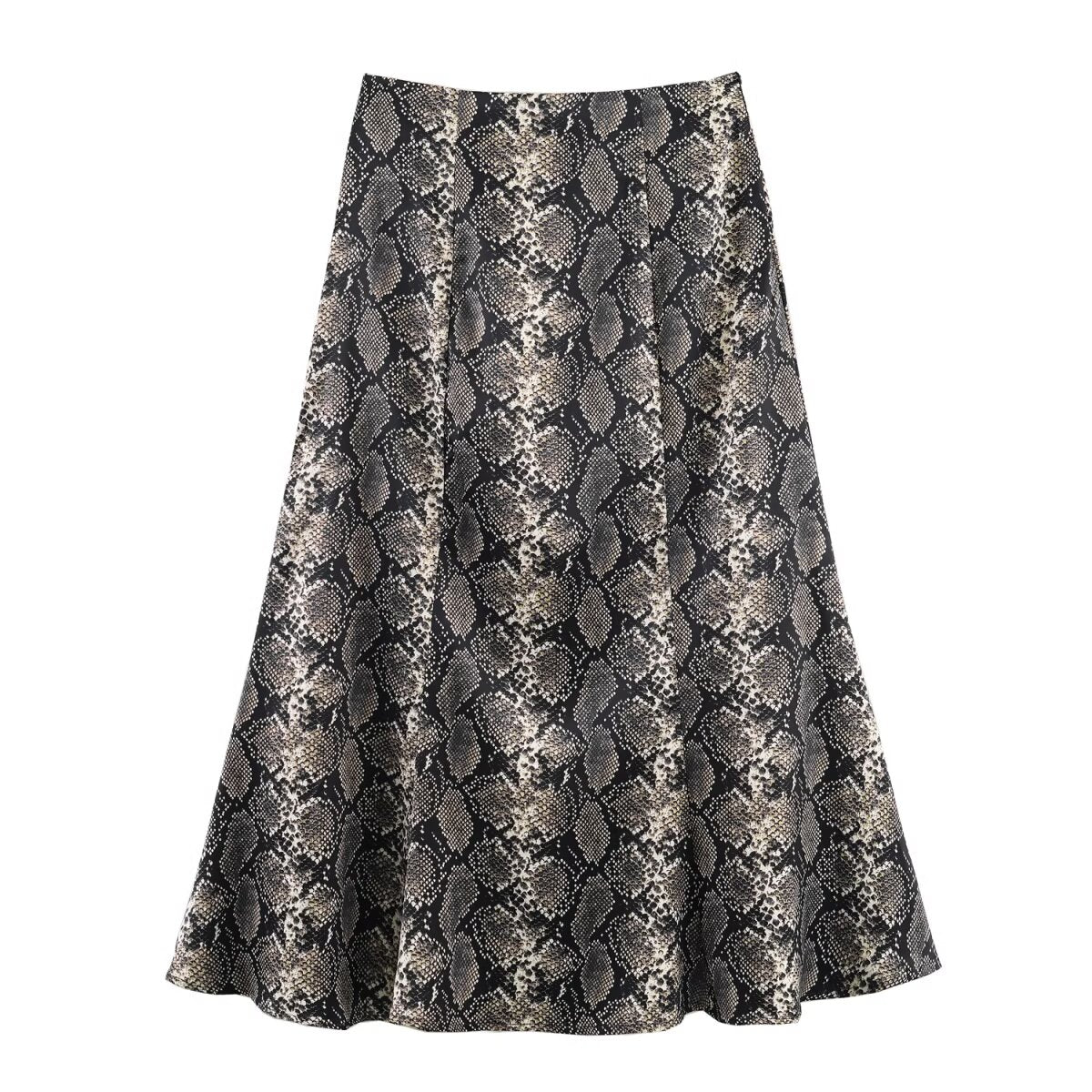 Women Clothing Autumn Holiday Printed Silk Satin Midi Skirt