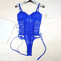 Blue Color Lace See through Splicing Sling Jumpsuit Sexy Lace up Hollow Out Cutout Siamese Top