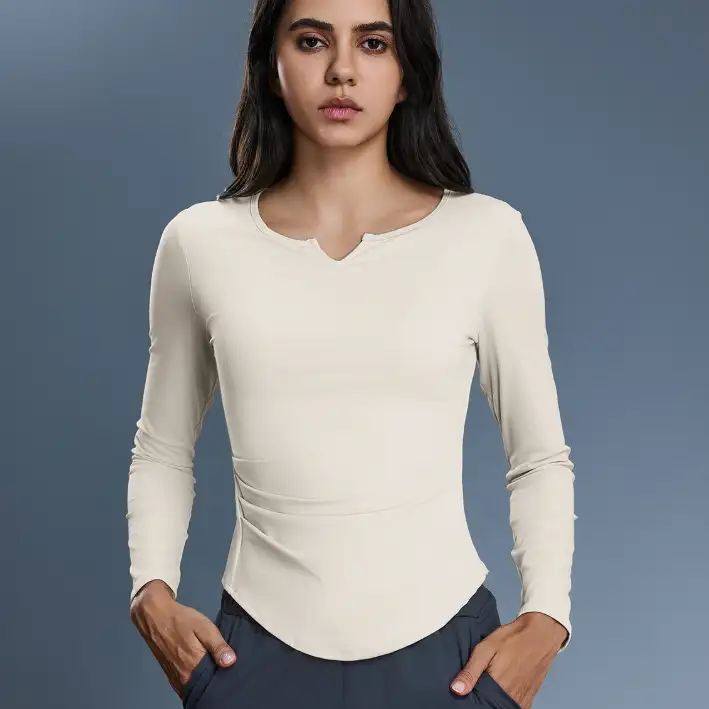 Autumn Sports Top Women V neck Elastic Slim Fit Slimming Yoga Clothes with Chest Pad Workout Long Sleeve T shirt by Wanita Store
